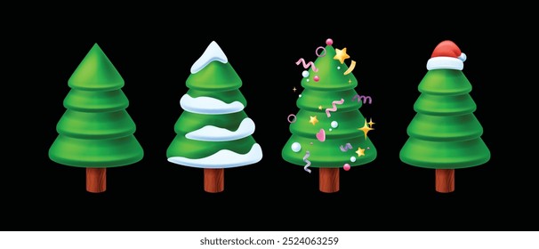 Weihnachtsbaum 3D-Symbol-Set, Vektor Neujahr Kiefer, Winter traditionelle Dekoration Tanne Dezember Design. Saisonales Waldobjekt, feriengrüner Zweig einzeln auf Weiß, Schnee. Minimaler Weihnachtsbaumsatz