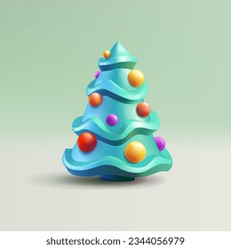 Christmas tree 3d illustration, render style simple cone shape with decor round balls and star top