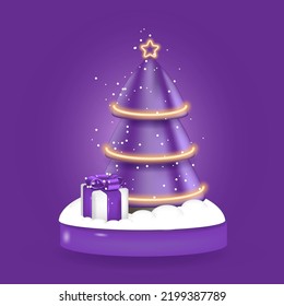 Christmas tree 3D with neon rings, vector illustration