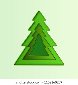 Christmas tree 3D vector abstract background with green paper. Papercut geometric frame with place for text for Xmas or New Year design, greening cards, presentations, flyers, posters