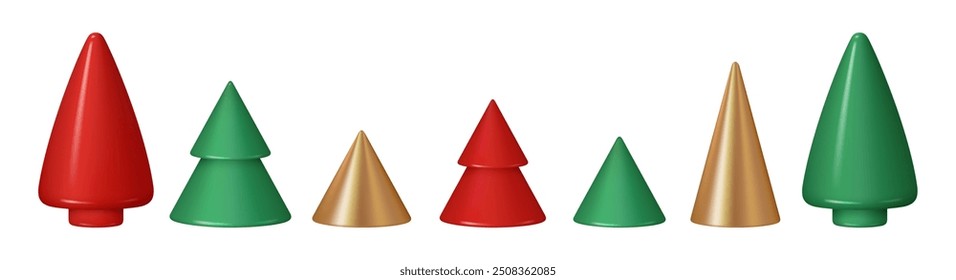 Christmas tree 3D vector illustration. Multi color Xmas trees of gold, green and red color. New year holiday decoration, winter fest celebration objects, greeting cards decoration