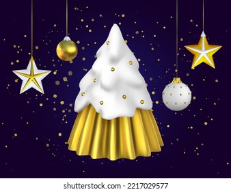 Christmas tree 3d white gold decoration glitter ornament, Xmas toy render, New Year holiday snow pine rendering vector card