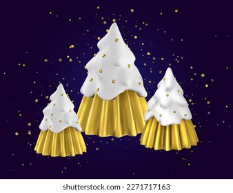 Christmas tree 3d white gold decoration glitter ornament, Xmas toy render, New Year holiday snow pine rendering vector card