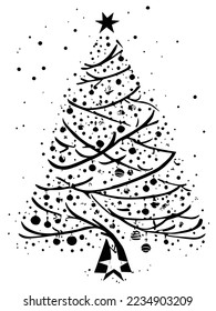 Christmas tree. Abstract background with xmas tree. snowflakes, glitter gold confetti and jewelery balls. Christmas and New Year card templates. Winter paper art design. greeting cards