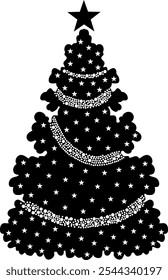 Christmas Tree Abstract Black Silhouette. Vector Hand Drawn Illustration Isolated On Transparent Background