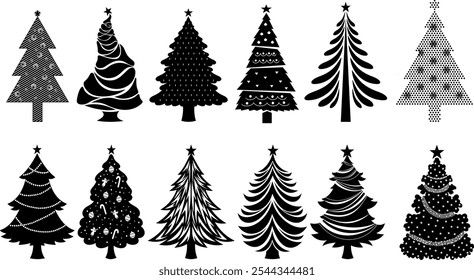 Christmas Tree Abstract Black Silhouettes. Vector Hand Drawn Collection Set Isolated On Transparent Background
