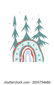Christmas tree abstract card. New Year's template. Winter Snowflakes, frozen trees, gifts and a rainbow on a white background. Vector illustration