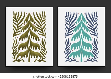 Christmas tree abstract floral matisse minimal style. hand drawn flat and textured design art set for wall decor, post card, poster, cover.