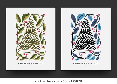 Christmas tree abstract floral matisse minimal style. hand drawn flat and textured design art set for wall decor, post card, poster, cover.