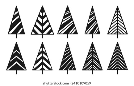 Christmas tree abstract graphic set. New Years and xmas traditional symbol trees, pines design for greeting card, invitation, banner poster. Different Christmas geometrical tree hand drawn wood vector