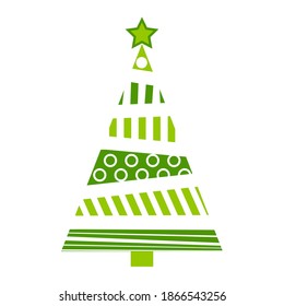 Christmas tree abstract illustration. Green fir tree for xmas made from bars and circles. Simple holiday symbol with geometrical shapes. Vector icon isolated on white background.
