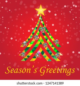A Christmas tree in abstract style with multicolor balls and star ornaments.  Vector illustration, EPS10. Red snow background