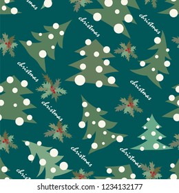 Christmas tree in abstract style one the dark green background with lettering. Bright seamless pattern is good for different types of prints