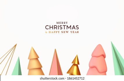 Christmas tree. Abstract Xmas 3d render pine and spruce tree, metal cone shapes, geometric pyramidal form. Happy new year minimal background. Vector illustration