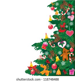 Christmas tree with accessories isolated on white background with empty space for your text