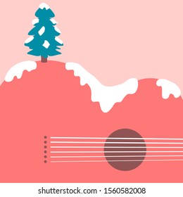 Christmas tree and acoustic guitar landscape background for Print or Web