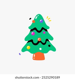 Christmas tree adorned with colorful ornaments in flat vector illustration representing holiday joy and celebration, symbolizing New Year, isolated on white background