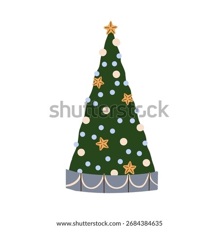 Christmas tree adorned with festive balls, baubles and star. Xmas fir, winter holiday spruce with seasonal decorations, ornaments, ball toys. Flat vector illustration isolated on white background