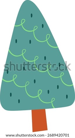 A Christmas tree adorned with flowing ribbons in a cartoon style. The tree is decorated with swirling lines and small accents in a playful manner. Cartoon vector illustration.