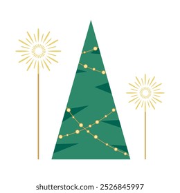 A Christmas tree adorned with lights and blooming fireworks, Christmas concept vector illustration