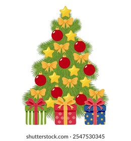 Christmas tree adorned with red ornaments, bows, stars and wrapped presents on a white background. Festive New Year illustration. Holiday decoration and celebration concept for design and print