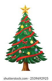 Christmas tree adorned with red ribbons, colorful ornaments, and candy canes. Vector cartoon illustration