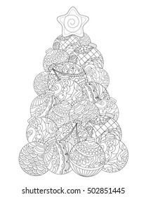 Christmas Tree Adult Coloring Page. Winter Holiday Vector Illustration. Christmas Or New Year Coloring Card. Vertical Image For Coloring. Fir Tree Adult Coloring Sheet. Firtree Doodle Ornament Ball