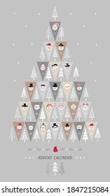 Christmas Tree Advent Calendar with Cute Snowman Faces and Doodle Christmas Trees. Advent Calendar Printable Poster. Vector illustration