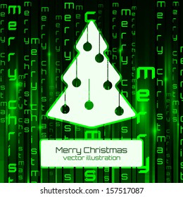 Christmas tree against green matrix background. Vector illustration