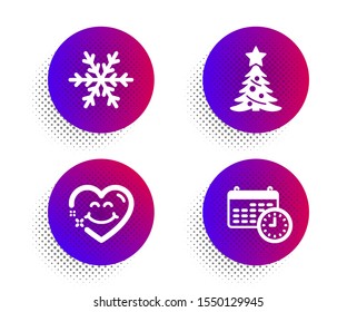 Christmas tree, Air conditioning and Smile face icons simple set. Halftone dots button. Calendar sign. Spruce, Snowflake, Love heart. Time. Business set. Classic flat christmas tree icon. Vector