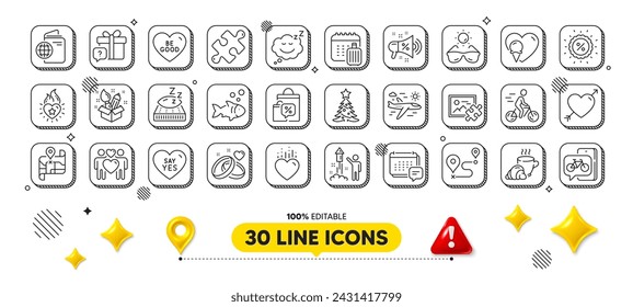 Christmas tree, Airplane travel and Love line icons pack. 3d design elements. Journey, Sunglasses, Cyclist web icon. Fireworks, Say yes, Love couple pictogram. Message, Sleep, Heart flame. Vector