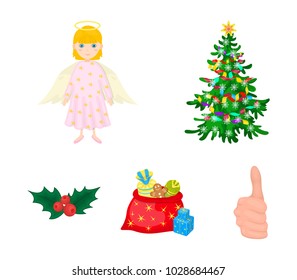Christmas tree, angel, gifts and holly cartoon icons in set collection for design. Christmas vector symbol stock web illustration.