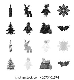 Christmas tree, angel, gifts and holly black,monochrome icons in set collection for design. Christmas vector symbol stock web illustration.