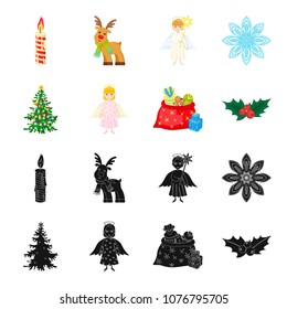Christmas tree, angel, gifts and holly black,cartoon icons in set collection for design. Christmas vector symbol stock web illustration.