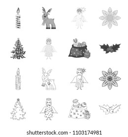 Christmas tree, angel, gifts and holly outline,monochrome icons in set collection for design. Christmas vector symbol stock web illustration.