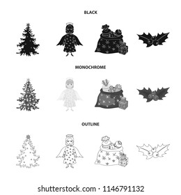 Christmas tree, angel, gifts and holly black,monochrome,outline icons in set collection for design. Christmas vector symbol stock web illustration.