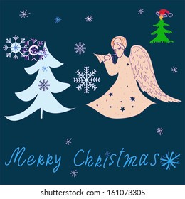 Christmas tree and an angel on a blue background. Merry Christmas - vector illustration for wallpapers. 