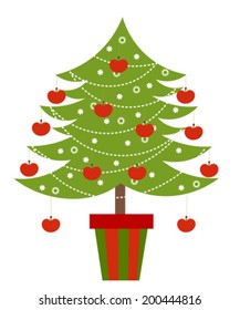 Christmas tree with apples decoration. Vector illustration