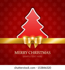 Christmas tree applique and gold bow vector background. Christmas decoration and snowflakes pattern.