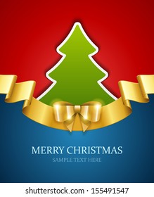 Christmas tree applique and gold bow vector background. Christmas card or invitation. 