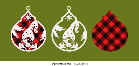 Christmas tree applique toy with red and black plaid background and seated gnome