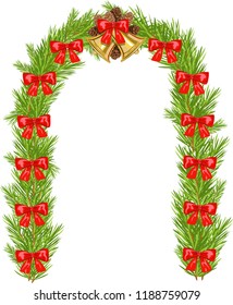 Christmas tree arch with bows and a composition of cones and bells