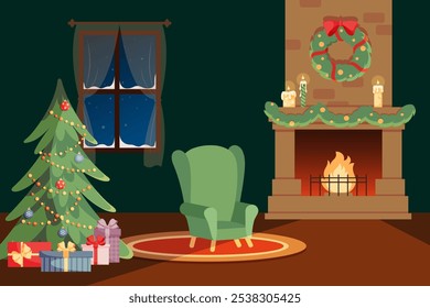 Christmas tree and armchair near fireplace.

Hand drawn flat cartoon style vector illustration. For Christmas cards. 