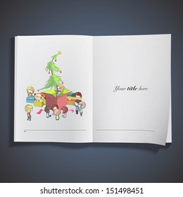 Christmas tree around presents printed on book. Vector design