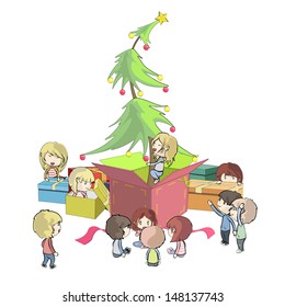 Christmas tree around presents. Vector illustration. 