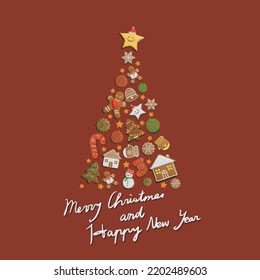 Christmas tree arranged with christmas gingerbread composition on red background