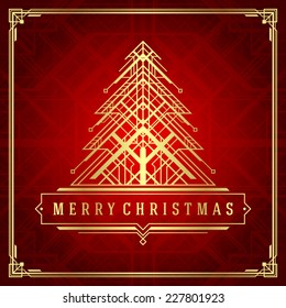 Christmas tree art deco style. Merry Christmas holidays wish greeting card and vintage ornament decoration. Vector background.
