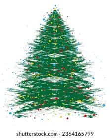 Christmas tree art, grunge brush drawing. Beautiful doodle spruce (fir tree) with color paint blots. Vector illustration.