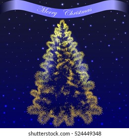 Christmas tree. Background blue sky with stars