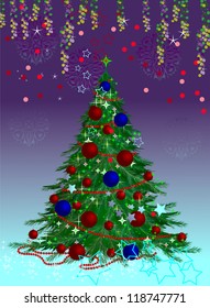 Christmas tree at the background. Colorful postcards from the tree. Elegant Christmas tree.